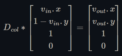 Figure 8. A matrix-vector multiplication equation. It is a 4 by 4 matrix times a 4 by 1 vector, which equals another 4 by 1 vector. The 4 by 4 matrix is "D col" defined in Figure 5. The components of the first 4 by 1 vector are "v in dot x", 1 minus "v in dot y", 1, 0. The components of the second 4 by 1 vector are "v out dot x", "v out dot y", 1, 0.